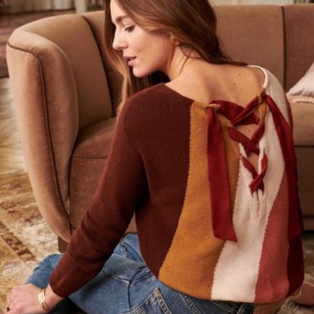 Sézane Pull Crêpin Colorblock Merino Wool Sweater Lace Up Back (no size tag)
